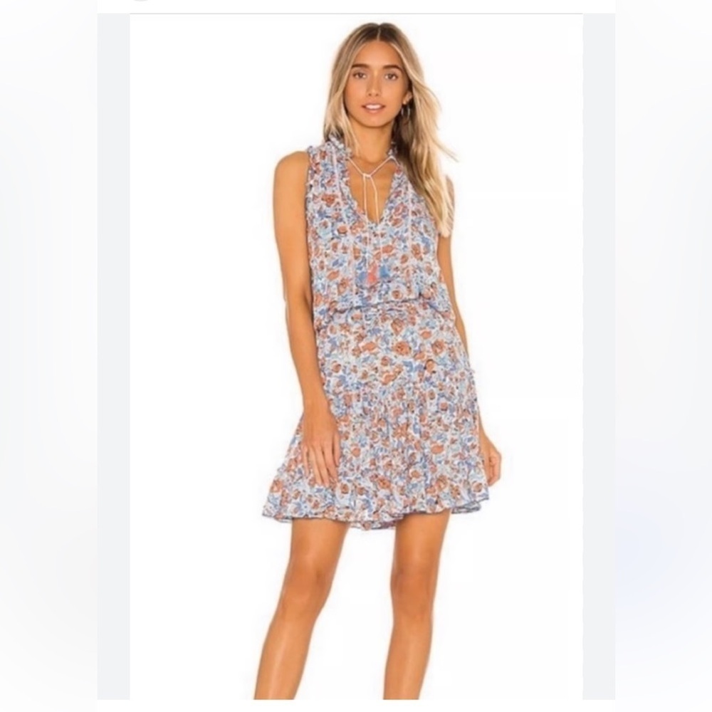 Poupette St Barth Dress Small Clara Ruffled Tiered Mini Floral Sleeveless Blue